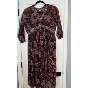 Indian Burgundy Floral Dress Tunic Women's XL Embellished V-neck Party Festival